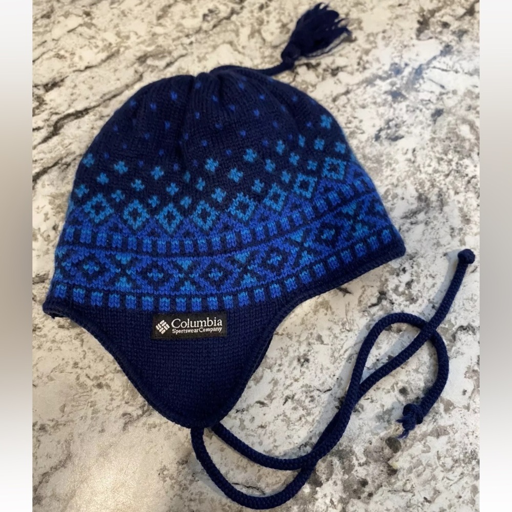 Vintage Columbia Wool Knit Tassel Winter Hat Beanie Ear Cover Cap Made in Canada